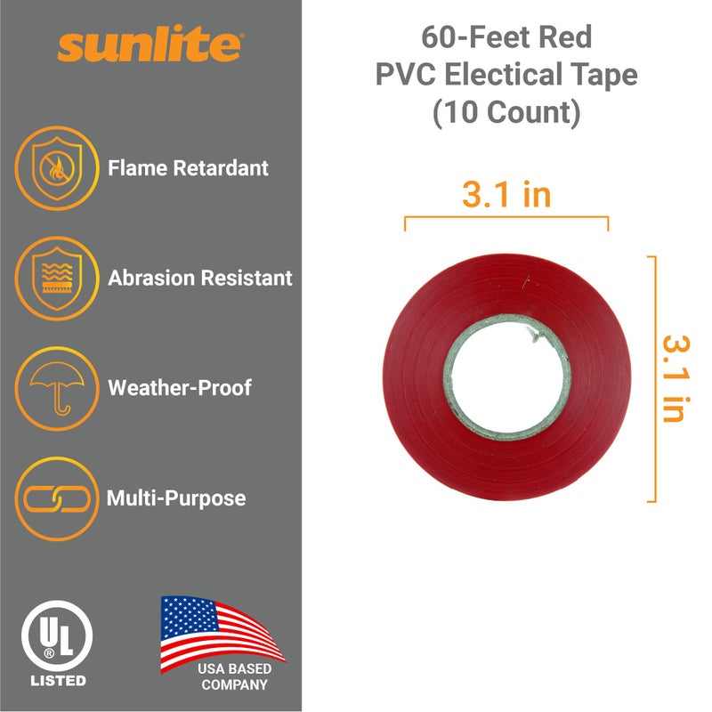 Sunlite 41328-SU 10-Pack PVC Electrical Tape, 60 Feet x 0.75 Inches, for Splicing, Protecting, and Insulating Wires, Abrasion Resistant, Flame Retardant, Weatherproof, UL Listed, Red - Image 2